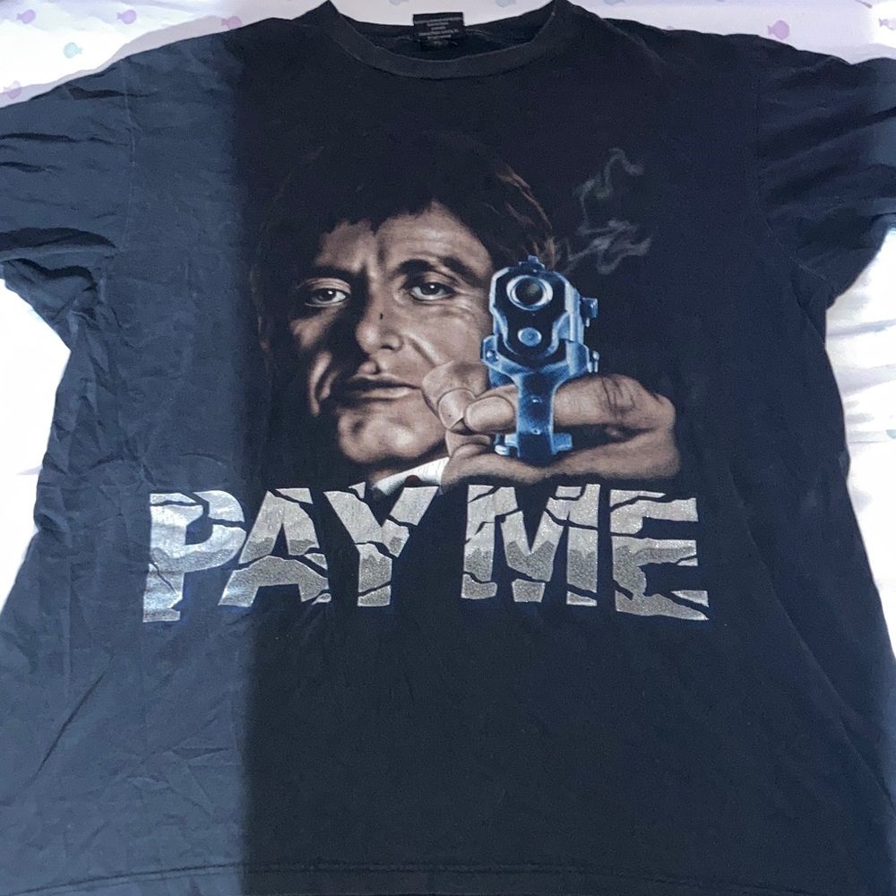 Vintage Scarface Black Graphic T-Shirt with Pay Me Design